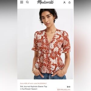 Madewell Rust and White Floral V-Neck Blouse